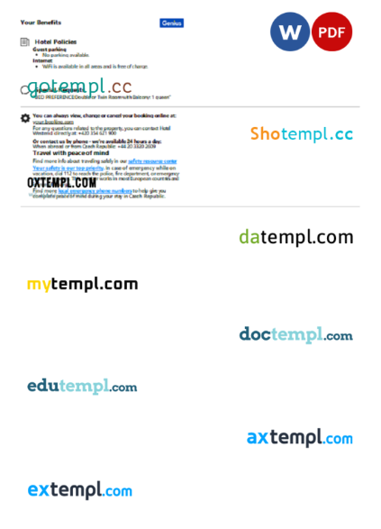 editable template, Czech Republic hotel booking confirmation Word and PDF template, 2 pages - Image 2