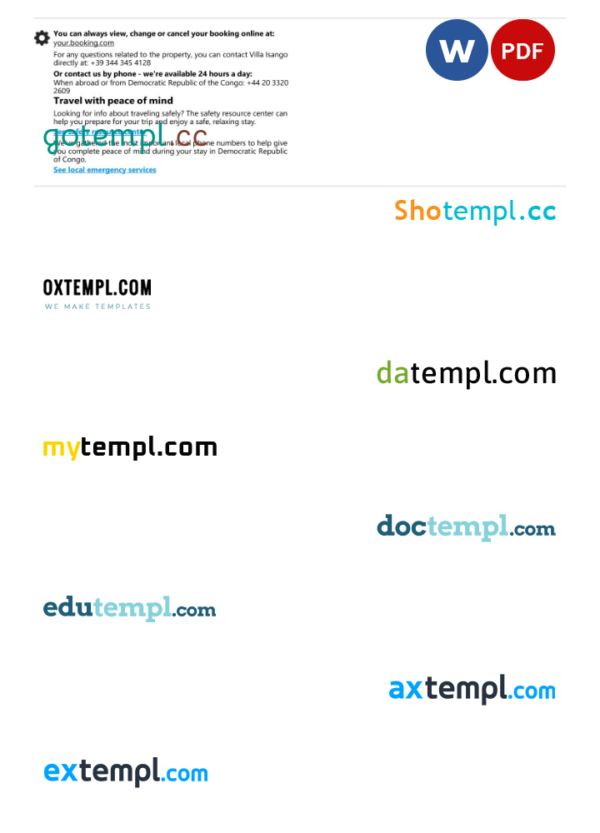 editable template, Democratic Republic of the Congo hotel booking confirmation Word and PDF template, 2 pages