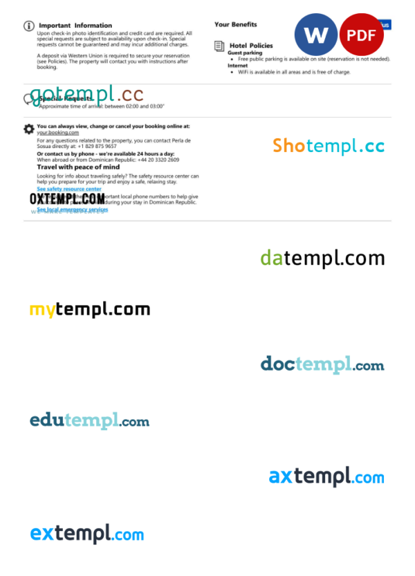 editable template, Dominican Republic hotel booking confirmation Word and PDF template, 2 pages - Image 2