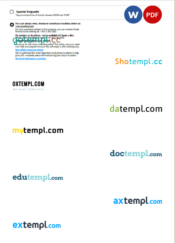 editable template, Ecuador hotel booking confirmation Word and PDF template, 2 pages - Image 2