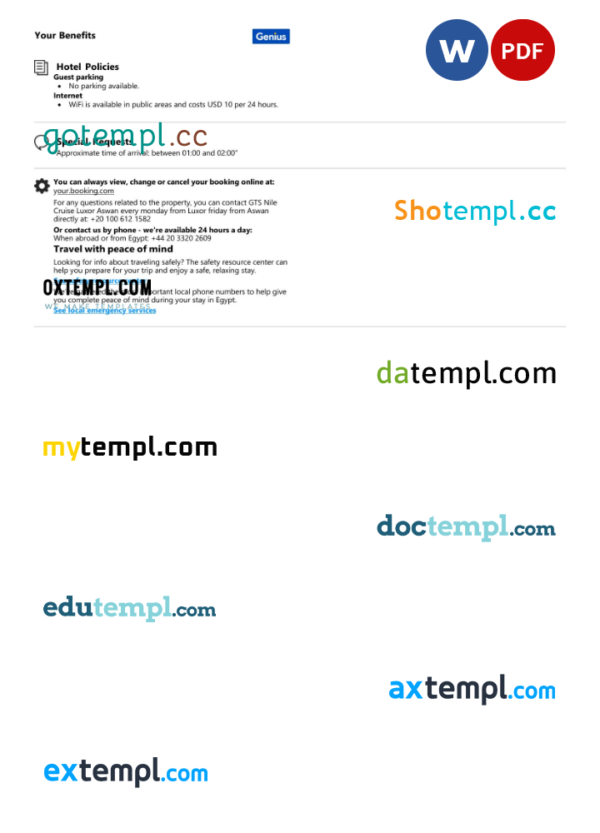 editable template, Egypt hotel booking confirmation Word and PDF template, 2 pages - Image 2