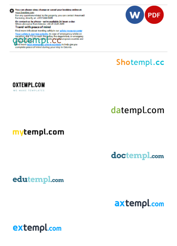 editable template, Estonia hotel booking confirmation Word and PDF template, 2 pages - Image 2