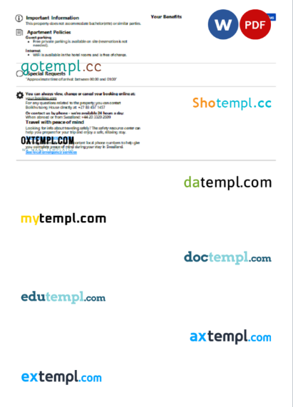 editable template, Eswatini (Swaziland) hotel booking confirmation Word and PDF template, 2 pages - Image 2