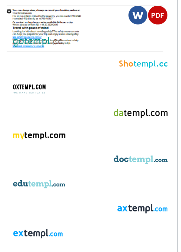 editable template, Fiji hotel booking confirmation Word and PDF template, 2 pages - Image 2