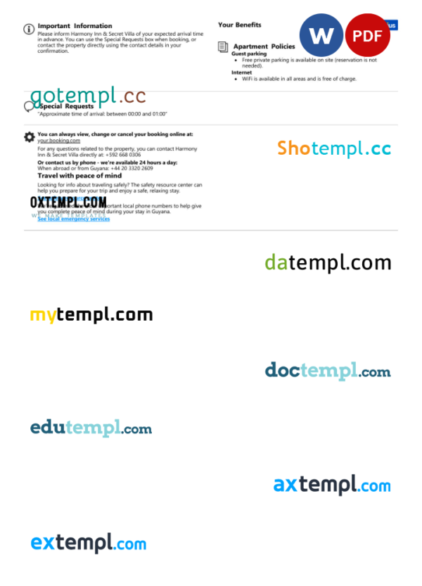 editable template, Guyana hotel booking confirmation Word and PDF template, 2 pages - Image 2