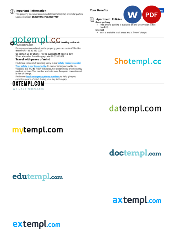 editable template, Hungary hotel booking confirmation Word and PDF template, 2 pages - Image 2