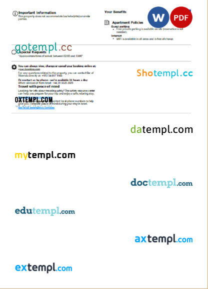 editable template, Israel hotel booking confirmation Word and PDF template, 2 pages - Image 2