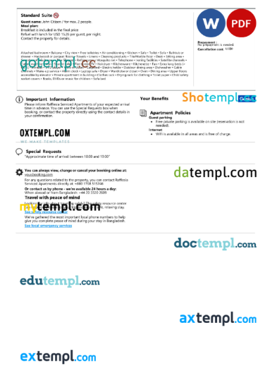 editable template, Bangladesh hotel booking confirmation Word and PDF template, 2 pages - Image 2