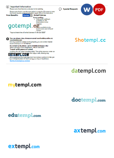 editable template, Kazakhstan hotel booking confirmation Word and PDF template, 2 pages - Image 2