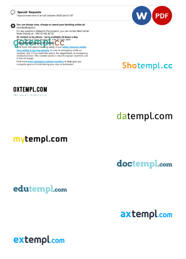 editable template, Azerbaijan hotel booking confirmation Word and PDF template, 2 pages
