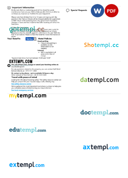 editable template, Bahrain hotel booking confirmation Word and PDF template, 2 pages - Image 2