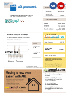 editable template, Australia AGL gas utility bill Word and PDF template, version 2