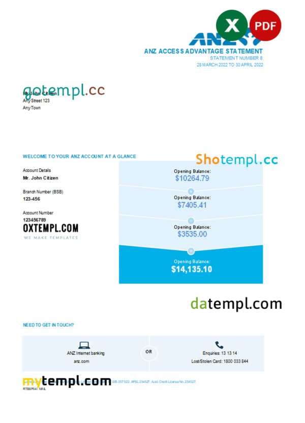 editable template, Australia ANZ bank statement easy to fill template in Excel and PDF format, 2 pages