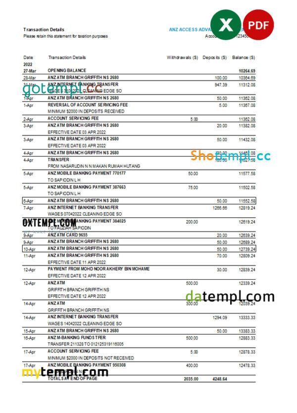 editable template, Australia ANZ bank statement easy to fill template in Excel and PDF format, 2 pages - Image 2