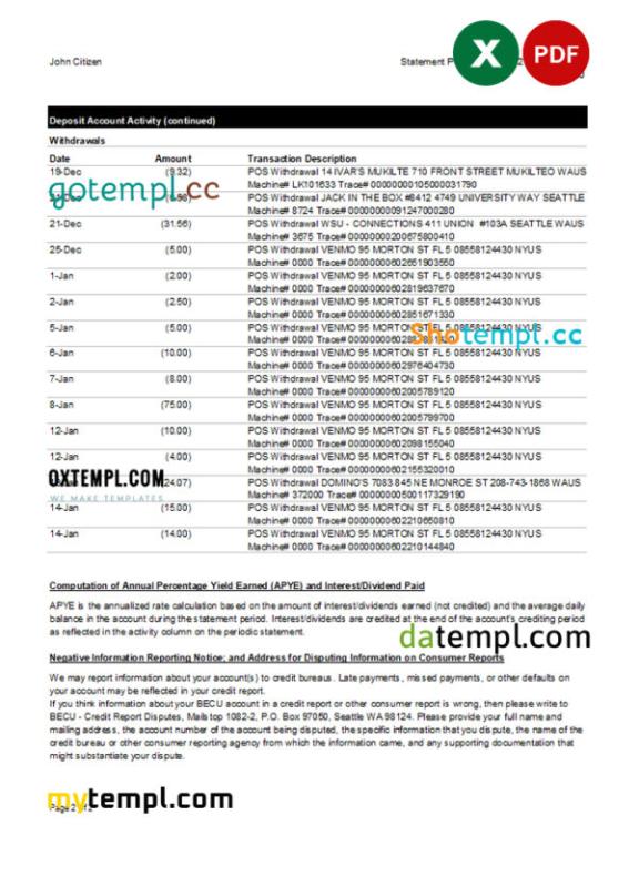 editable template, Australia BECU bank statement easy to fill template in Excel and PDF format, 2 pages - Image 2