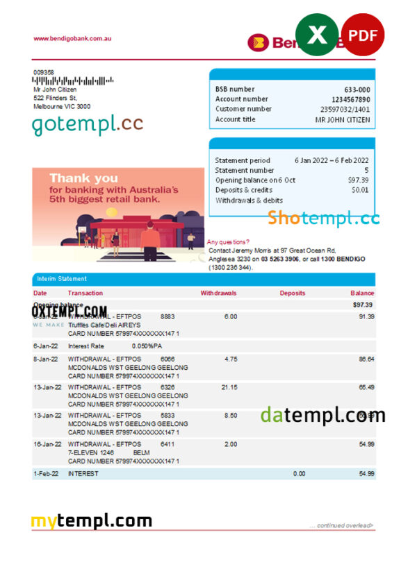 editable template, Australia Bendigo bank statement easy to fill template in Excel and PDF format, 2 pages