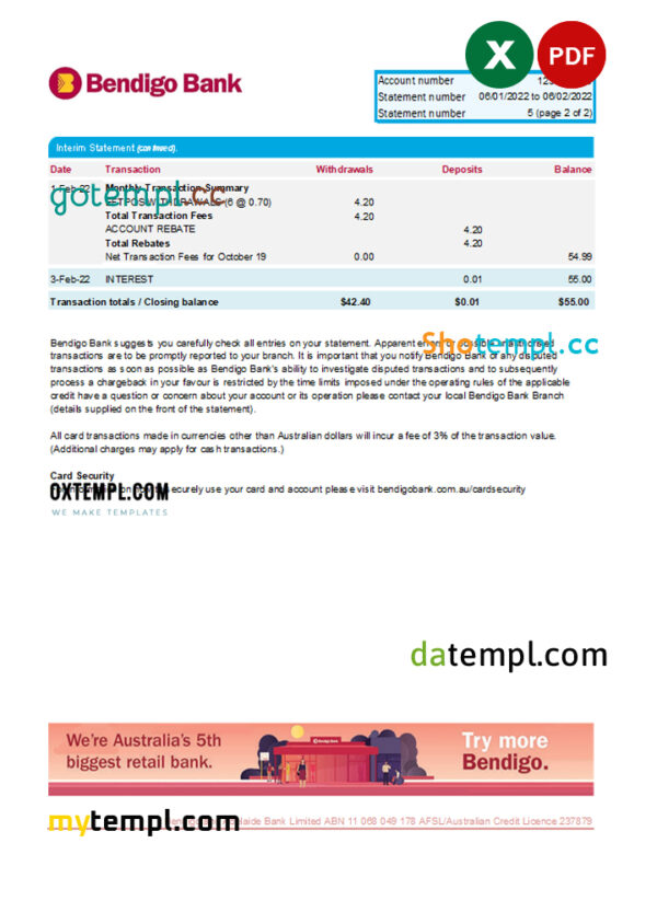 editable template, Australia Bendigo bank statement easy to fill template in Excel and PDF format, 2 pages