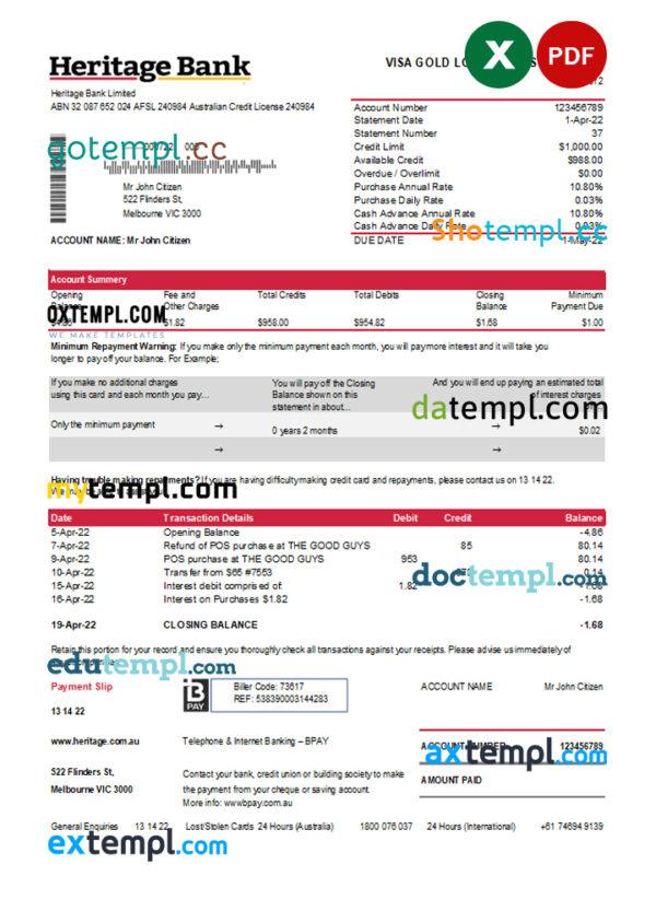 editable template, Australia Heritage bank statement easy to fill template in Excel and PDF format, 2 pages
