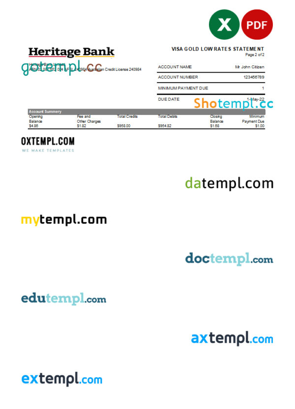 editable template, Australia Heritage bank statement easy to fill template in Excel and PDF format, 2 pages