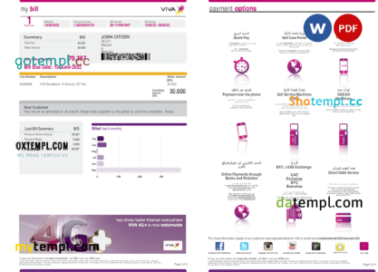 editable template, Bahrain Viva my utility bill Word and PDF template, 5 pages