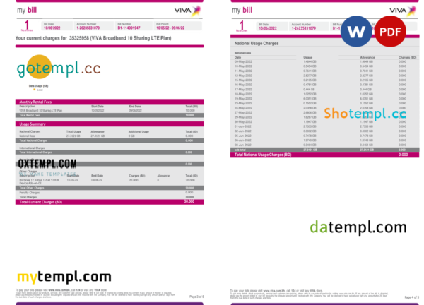 editable template, Bahrain Viva my utility bill Word and PDF template, 5 pages - Image 2