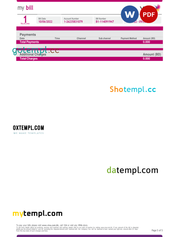 editable template, Bahrain Viva my utility bill Word and PDF template, 5 pages - Image 3