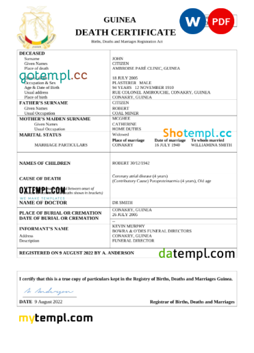 editable template, Guinea death certificate Word and PDF template, completely editable