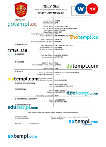 editable template, Holy See vital record death certificate Word and PDF template