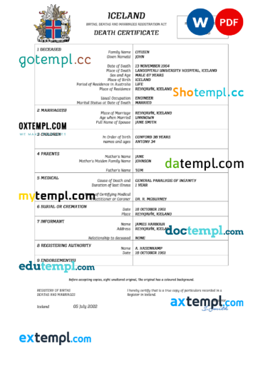 editable template, Iceland vital record death certificate Word and PDF template