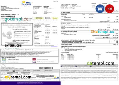 editable template, India Tata Indicom mobile utility bill template in Word and PDF format, 2 pages
