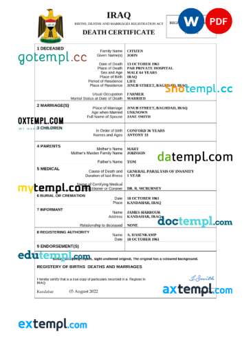 editable template, Iraq vital record death certificate Word and PDF template