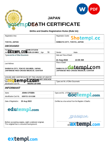 editable template, Japan death certificate Word and PDF template, completely editable