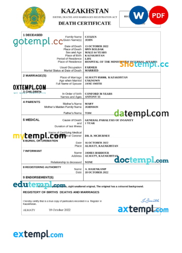 editable template, Kazakhstan death certificate Word and PDF template, completely editable