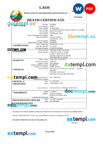 editable template, Laos vital record death certificate Word and PDF template