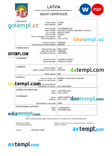 editable template, Latvia vital record death certificate Word and PDF template