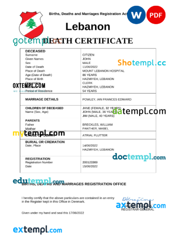 editable template, Lebanon death certificate Word and PDF template, completely editable