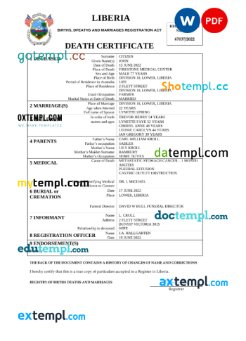 editable template, Liberia death certificate Word and PDF template, completely editable