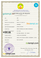 Madagascar vital record death certificate PSD template, fully editable