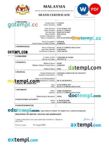 editable template, Malaysia death certificate Word and PDF template, completely editable