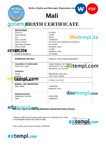 editable template, Mali vital record death certificate Word and PDF template