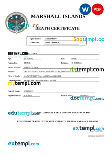 editable template, Marshall Islands vital record death certificate Word and PDF template