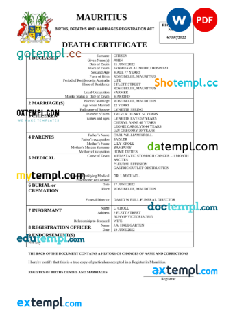 editable template, Mauritius death certificate Word and PDF template, completely editable