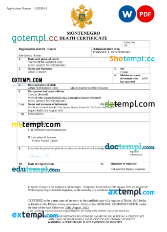 editable template, Montenegro death certificate Word and PDF template, completely editable