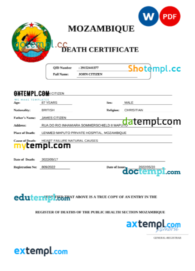 editable template, Mozambique vital record death certificate Word and PDF template