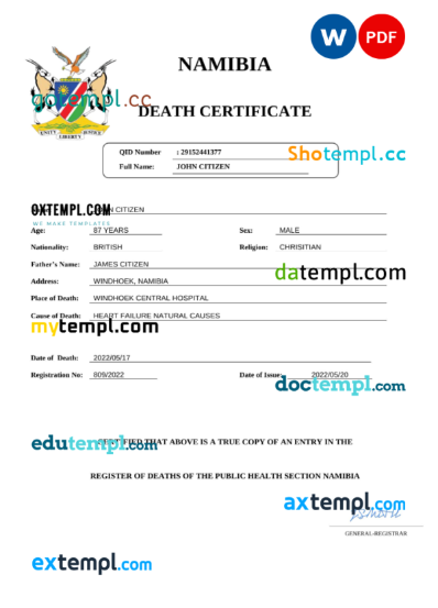 editable template, Namibia vital record death certificate Word and PDF template