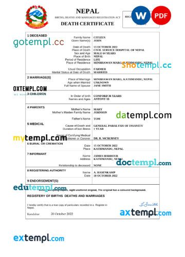 editable template, Nepal vital record death certificate Word and PDF template