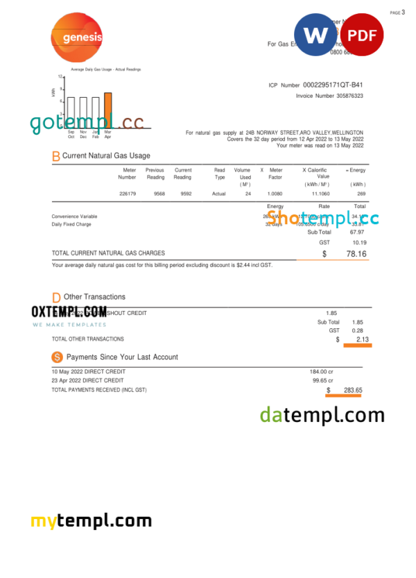 editable template, New Zealand Genesis Gas utility bill template in Word and PDF format, 3 pages