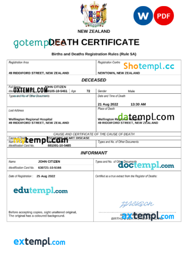 editable template, New Zealand death certificate Word and PDF template, completely editable