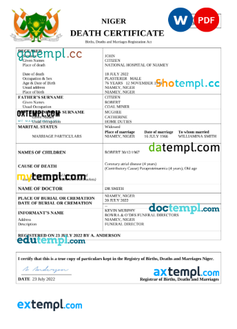editable template, Niger death certificate Word and PDF template, completely editable
