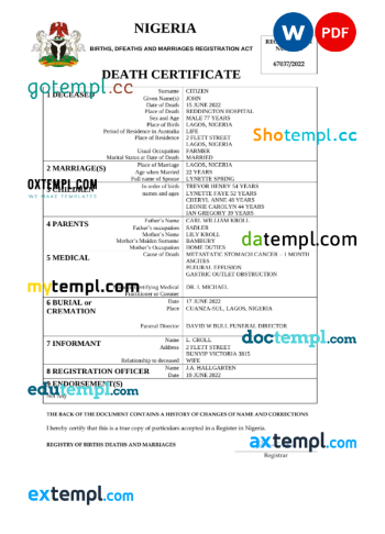 editable template, Nigeria vital record death certificate Word and PDF template